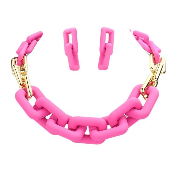 Tigerstars Stylish Fuchsia Rectangle Chunky Link Statement Necklace Set - Picture 1 of 3